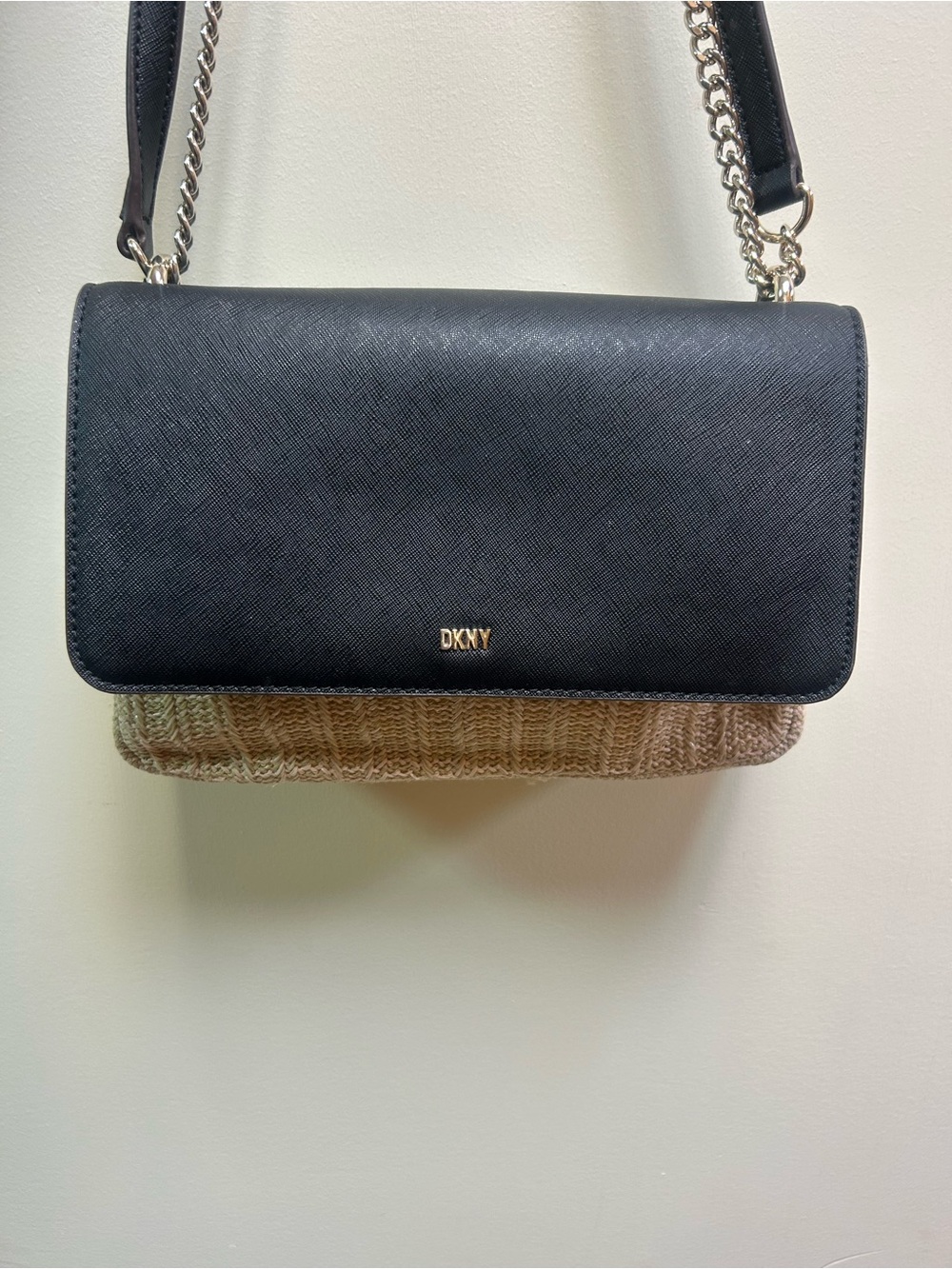 DKNY Black Straw Crossbody Bag | Saffiano Flap Chain Strap | Resort Chic